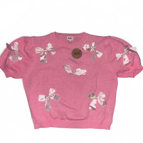 BiBi Pink Knit Top with Satin Bows - Picture 1 of 2
